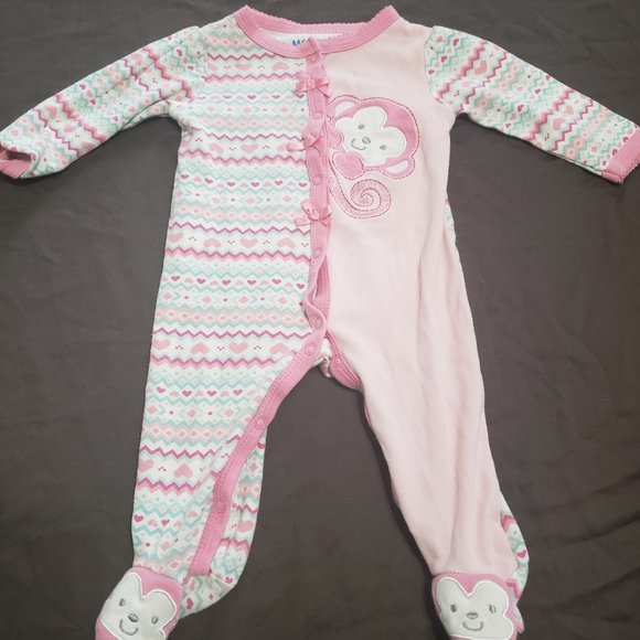 Footed Sleeper Monkey Theme Embroidered Button Up Hearts Bow Accents 6-9m Size - Picture 1 of 5